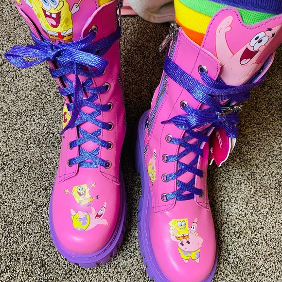 Dolls Kill Shoes Rare Dolls Kill Spongebob Bikini Bottom Besties Combat Boots Pink Purple